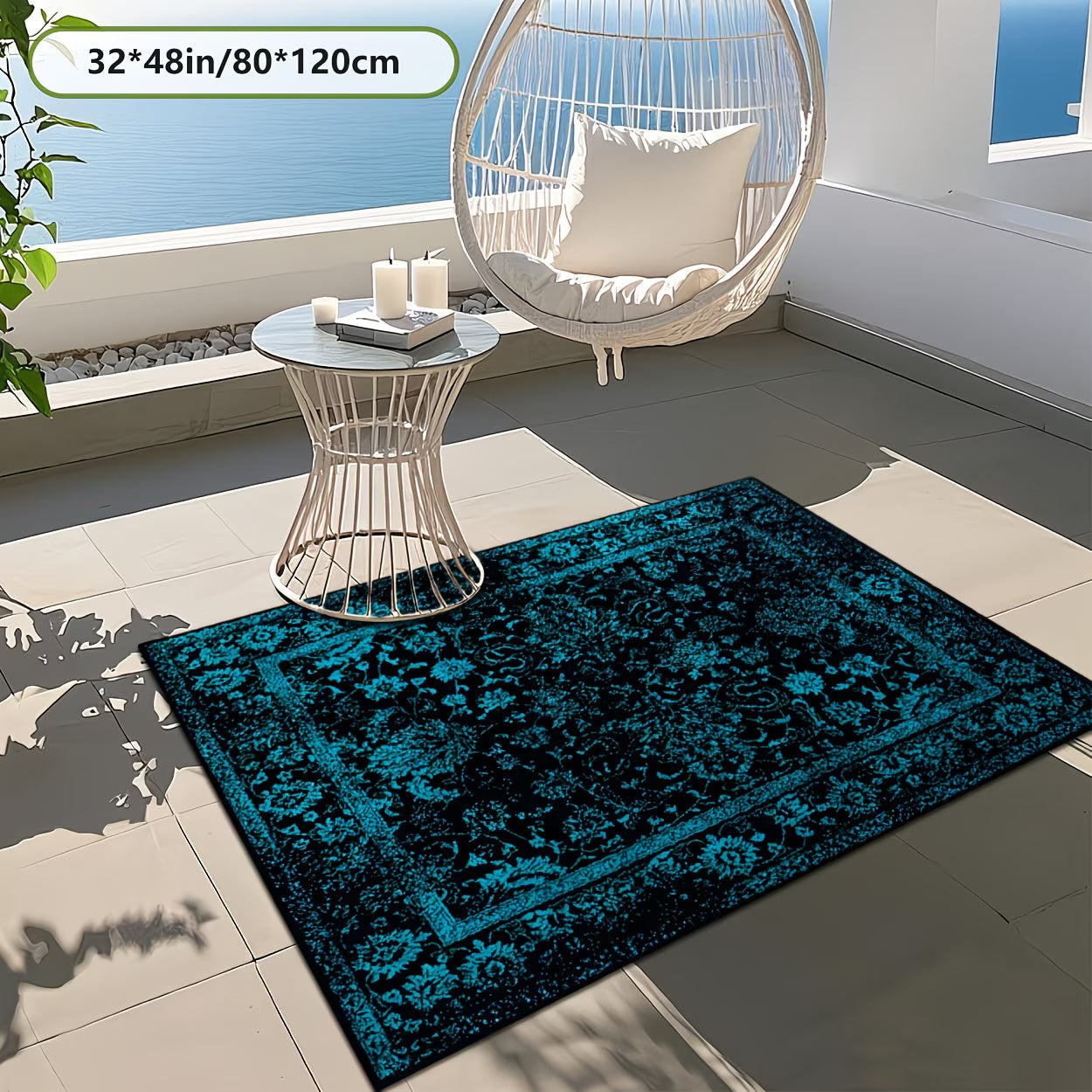 Decorative blue rug on a tiled floor with a modern chair and table in the background.