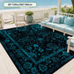 Teal and black patterned rug on a patio with outdoor furniture and ocean view.