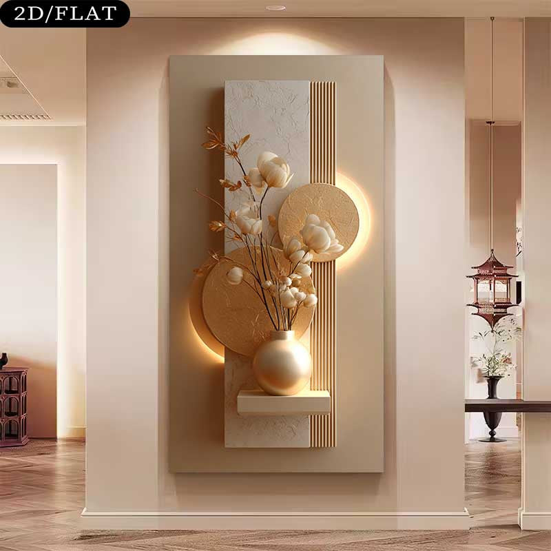 Decorative wall art with floral elements and lighting on a wall in a home setting.