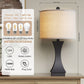 Table lamp with dimensions and compatibility information on a wooden surface.