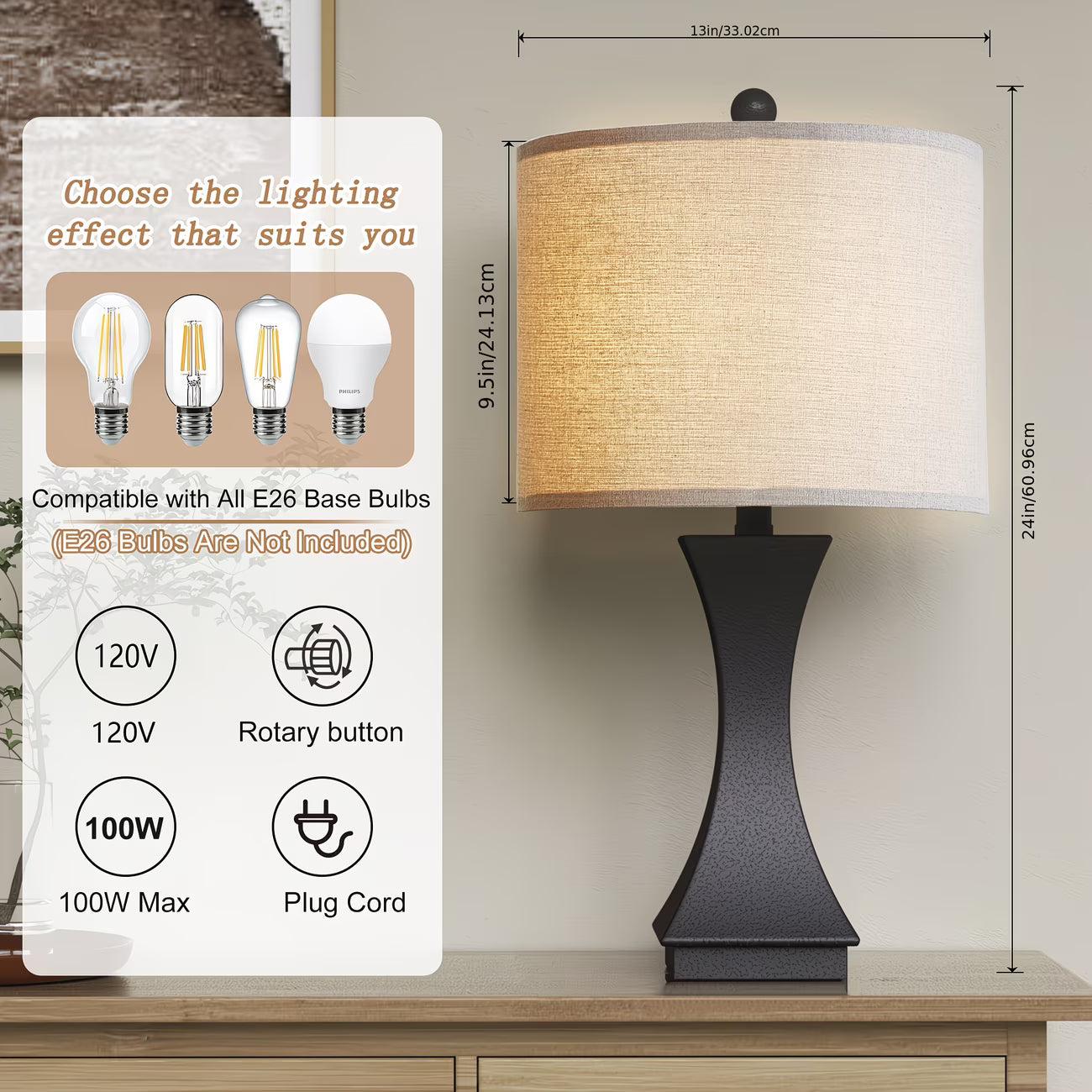 Table lamp with dimensions and compatibility information on a wooden surface.