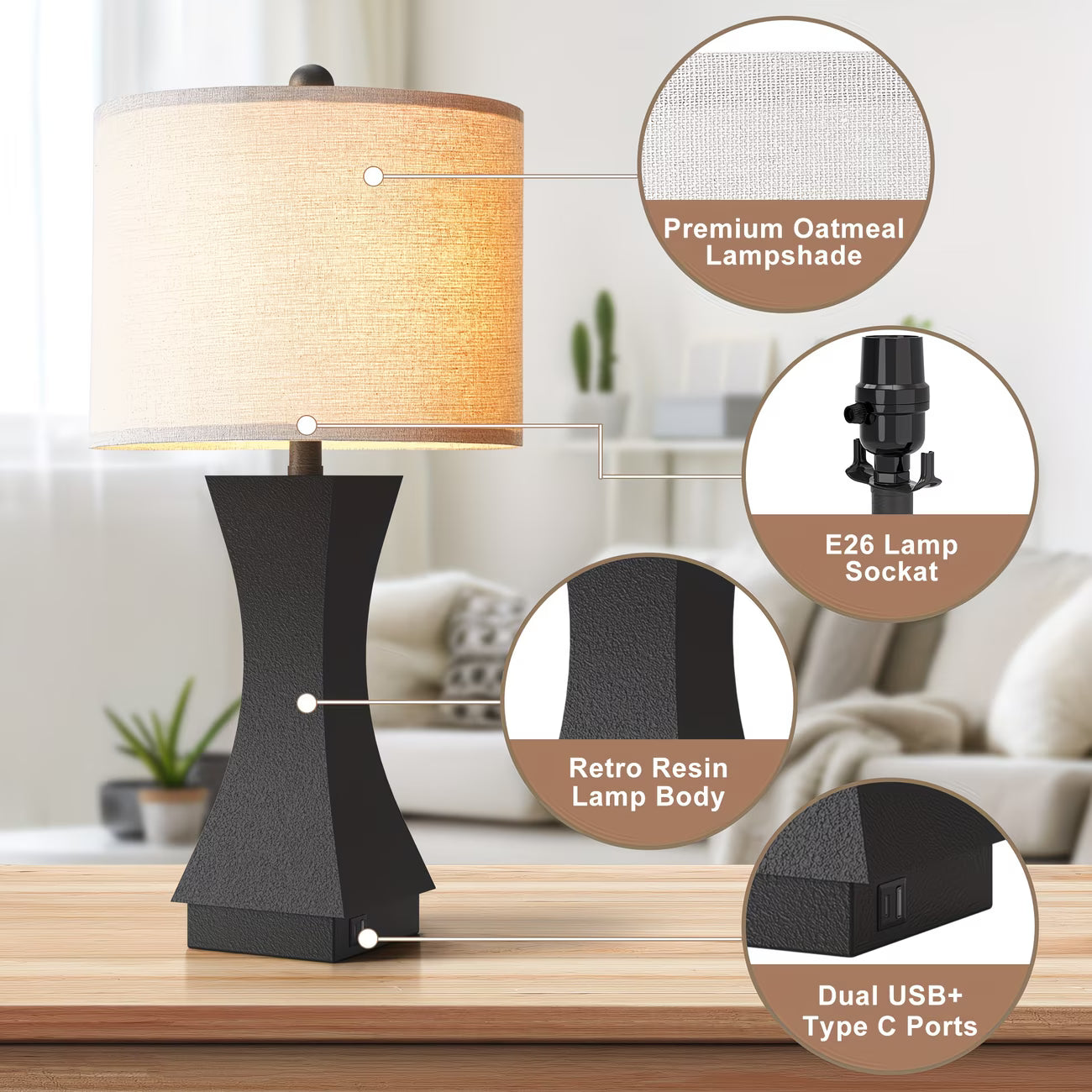 Table lamp with features highlighted on a blurred background