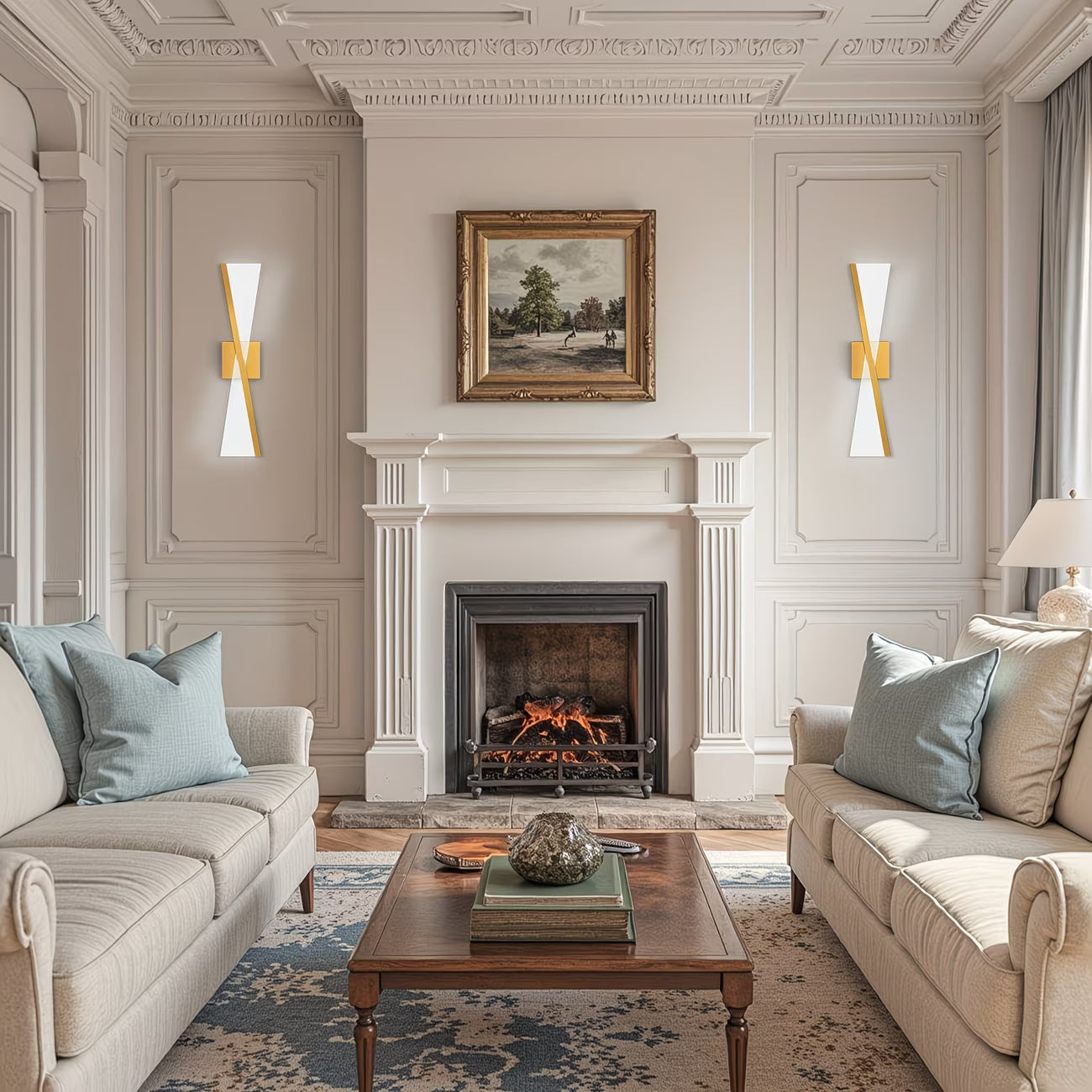 Living room with beige sofas, a fireplace, and decorative elements.