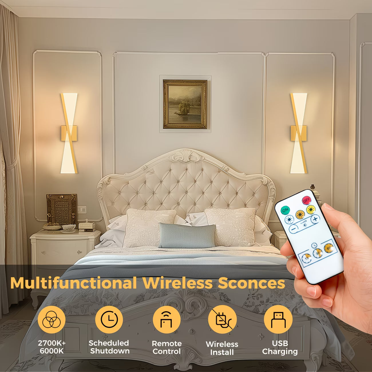 Bedroom with multifunctional wireless sconces and a hand holding a remote control.