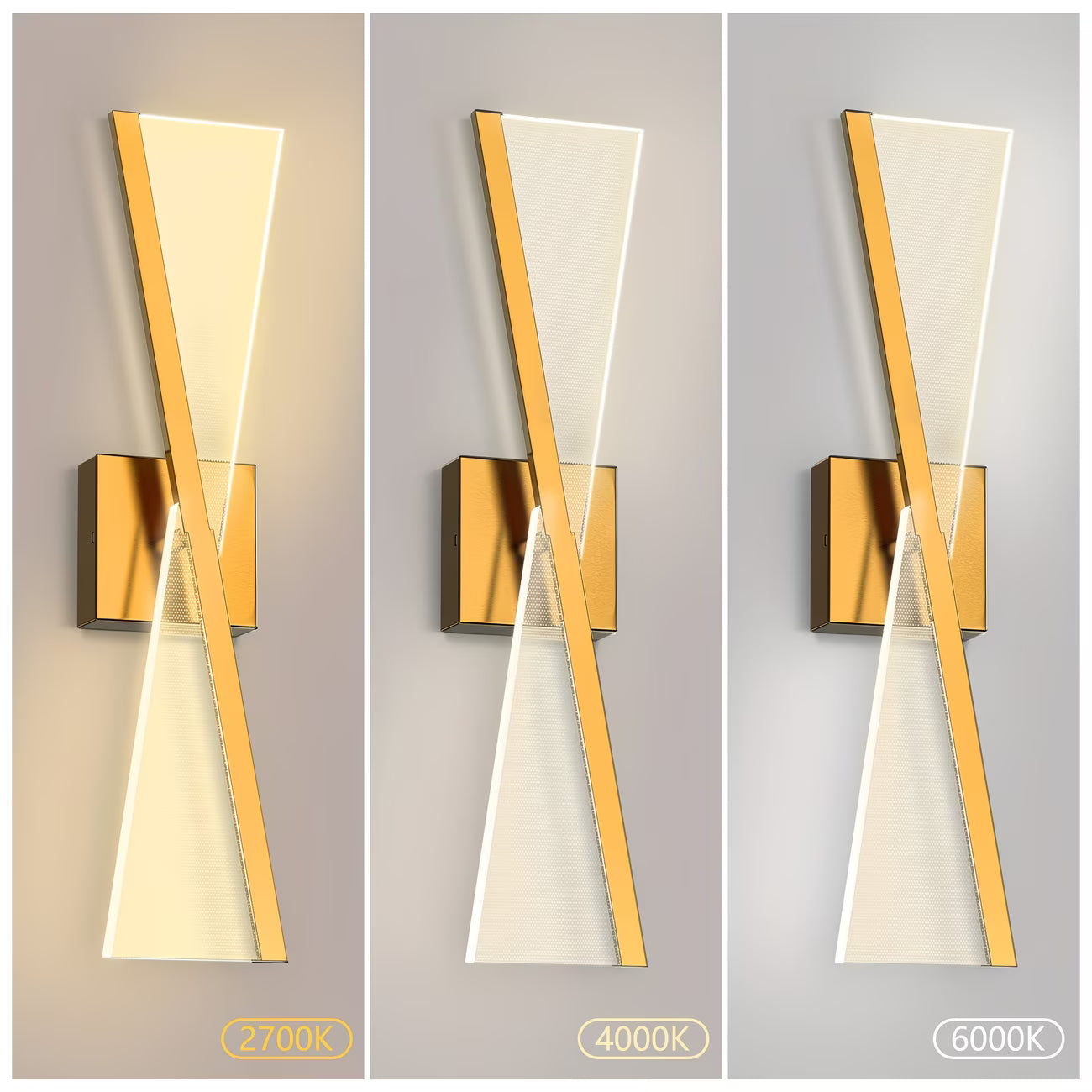 Three wall sconces showing light color temperature effects on a gray background.