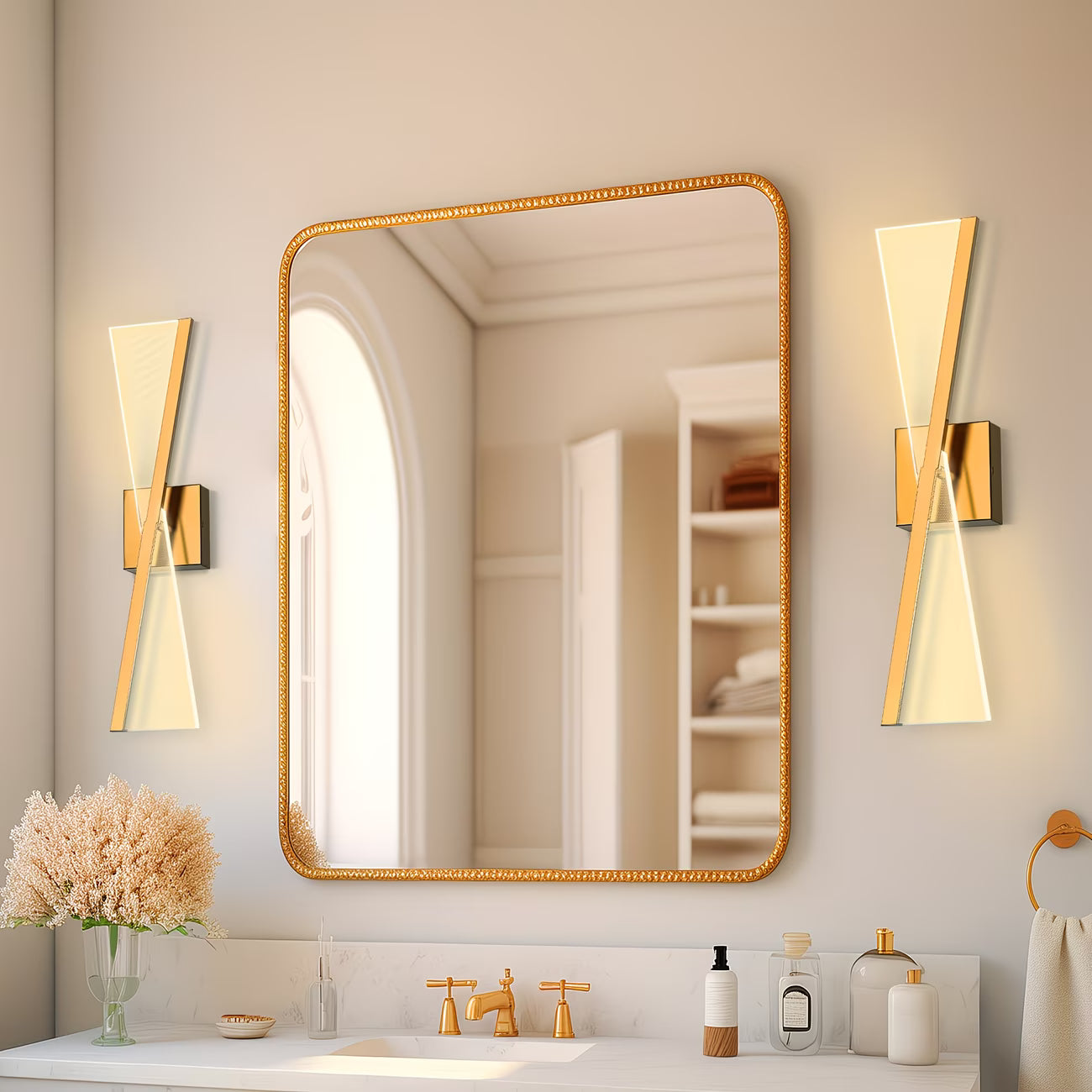 Bathroom with gold-framed mirror and wall sconces
