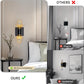 Bedroom scene with wall-mounted lights, one wireless and one hardwired, on a gray background.