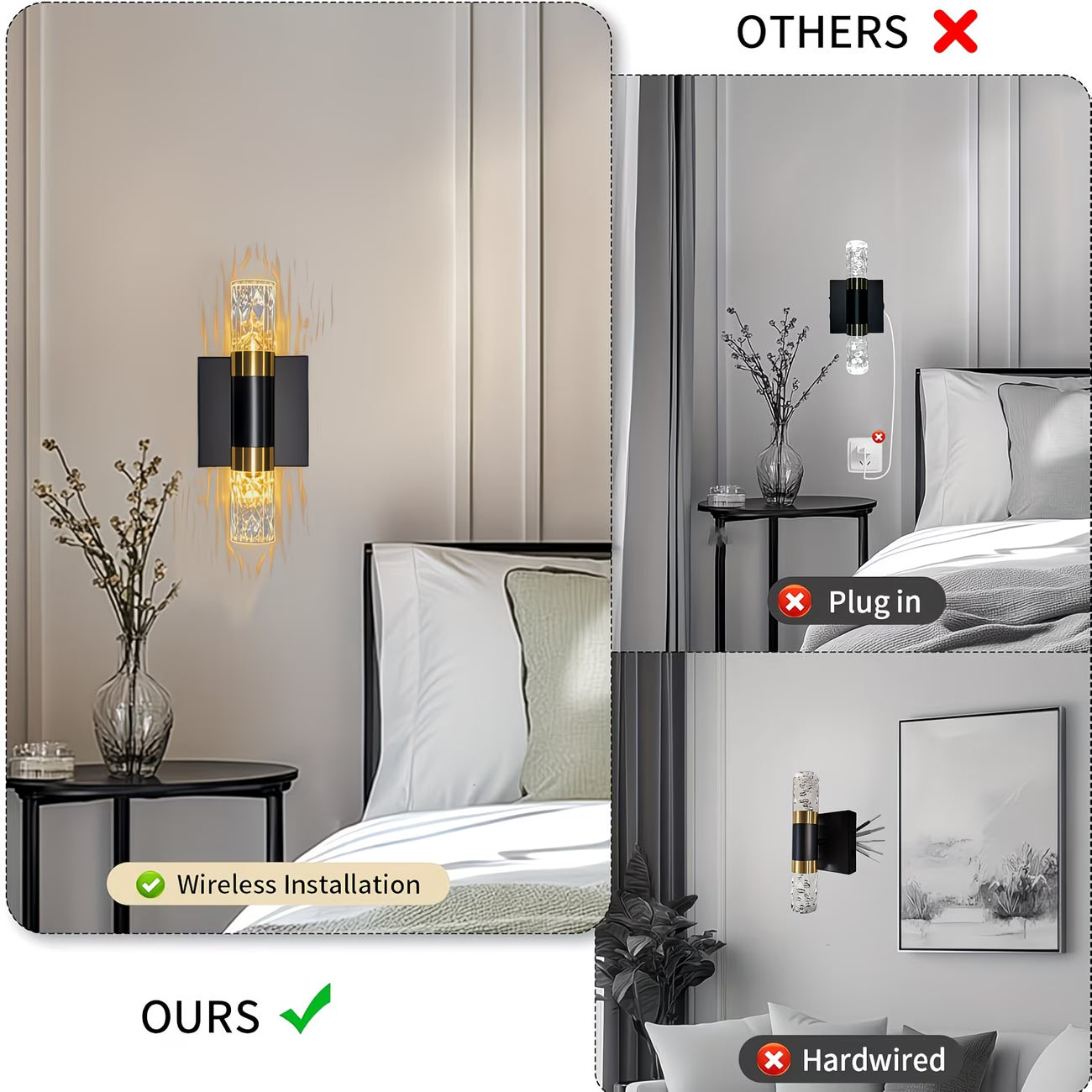 Bedroom scene with wall-mounted lights, one wireless and one hardwired, on a gray background.