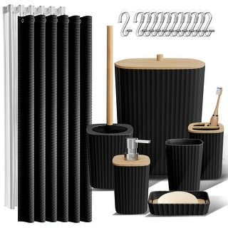 Black bathroom accessories set with shower curtain, toothbrush holder, and other items on a white background