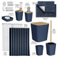 Collection of bathroom accessories including hooks, soap dish, toothbrush holder, and more with measurements.
