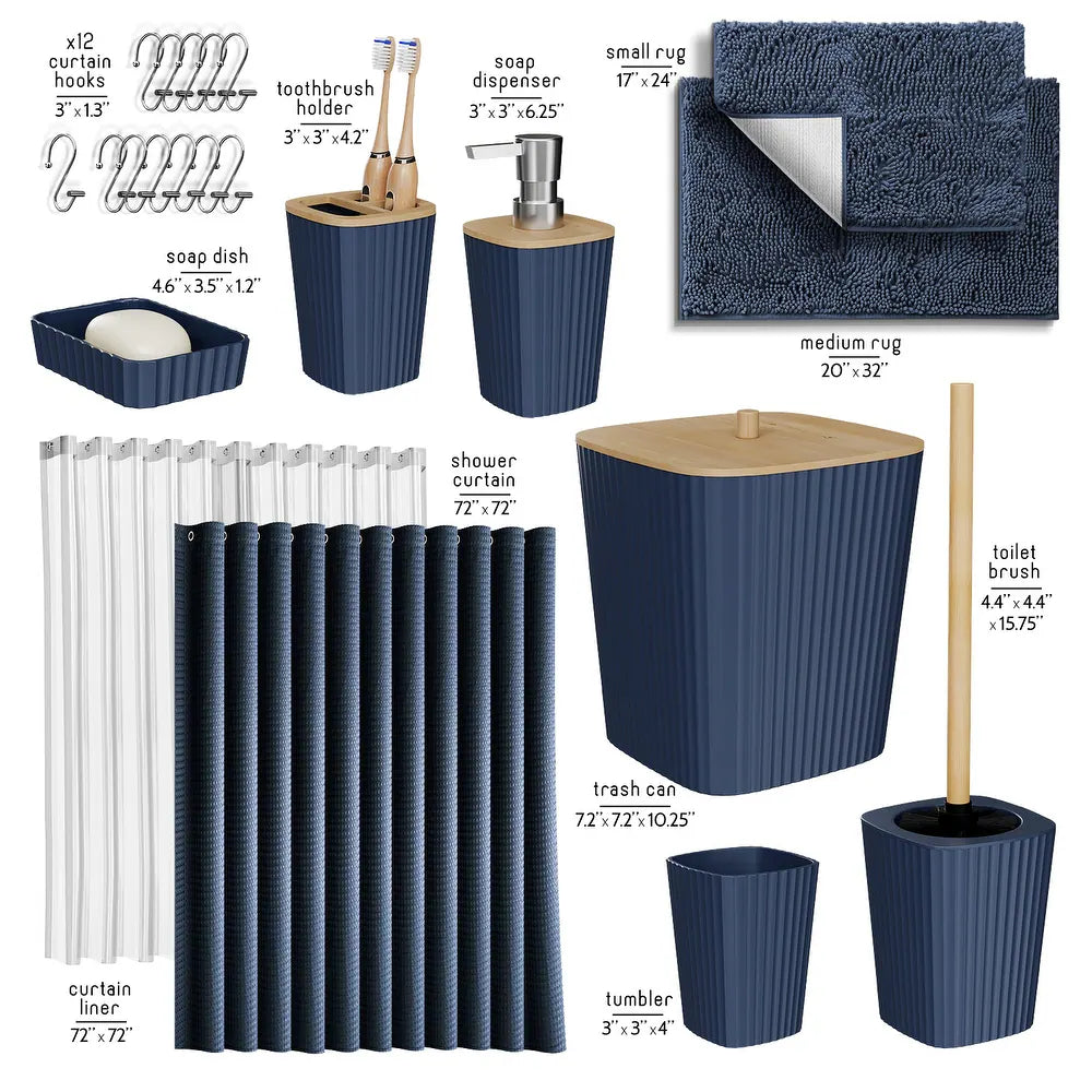 Collection of bathroom accessories including hooks, soap dish, toothbrush holder, and more with measurements.