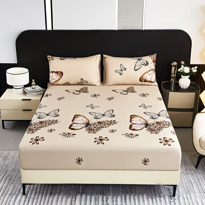 Bed with butterfly patterned bedding in a bedroom setting