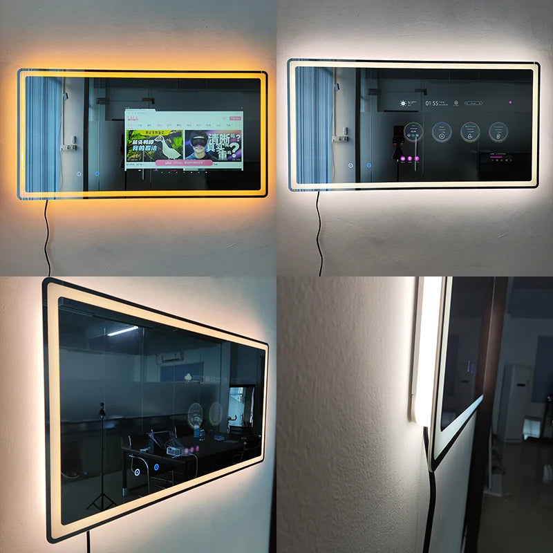 Four different views of a digital display mounted on a wall.