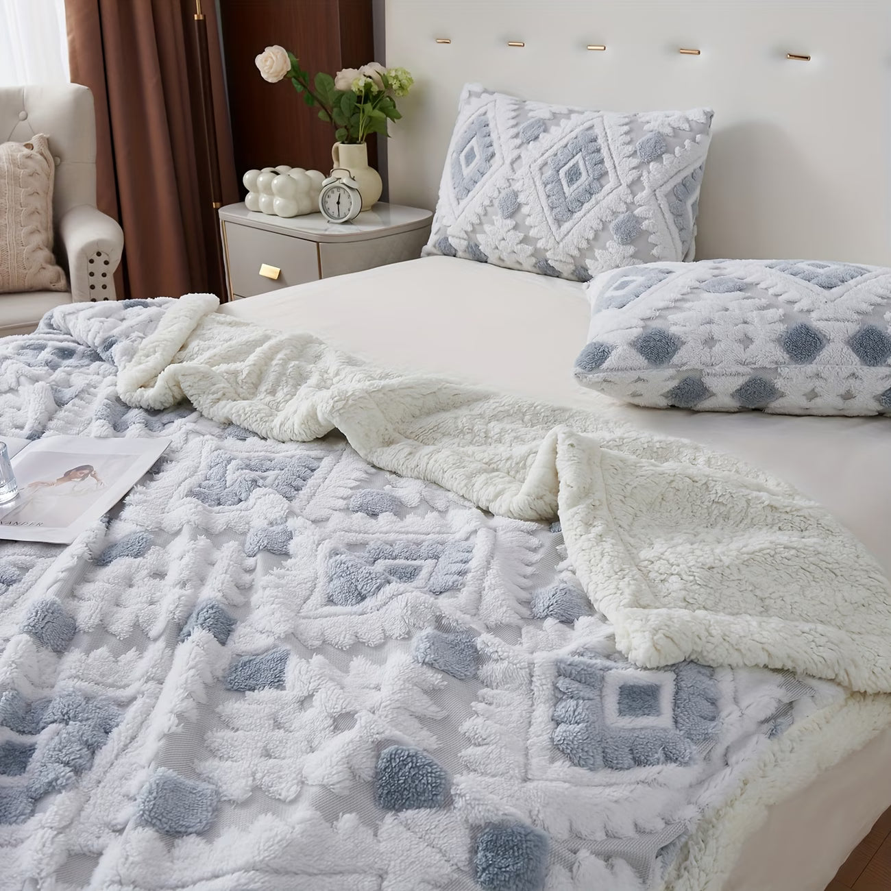 Fluffy blanket with geometric pattern on a bed in a bedroom setting