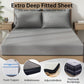 Gray extra deep fitted sheet on a bed with mattress compatibility icons below.