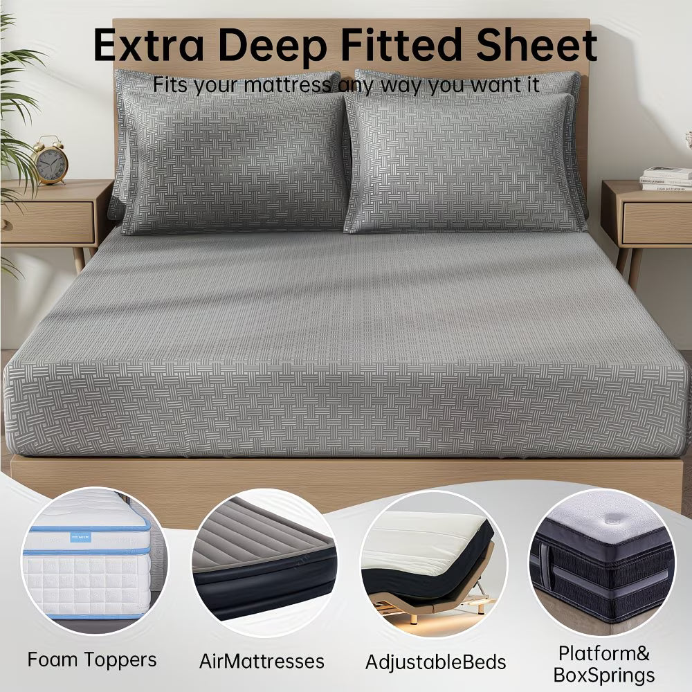 Gray extra deep fitted sheet on a bed with mattress compatibility icons below.