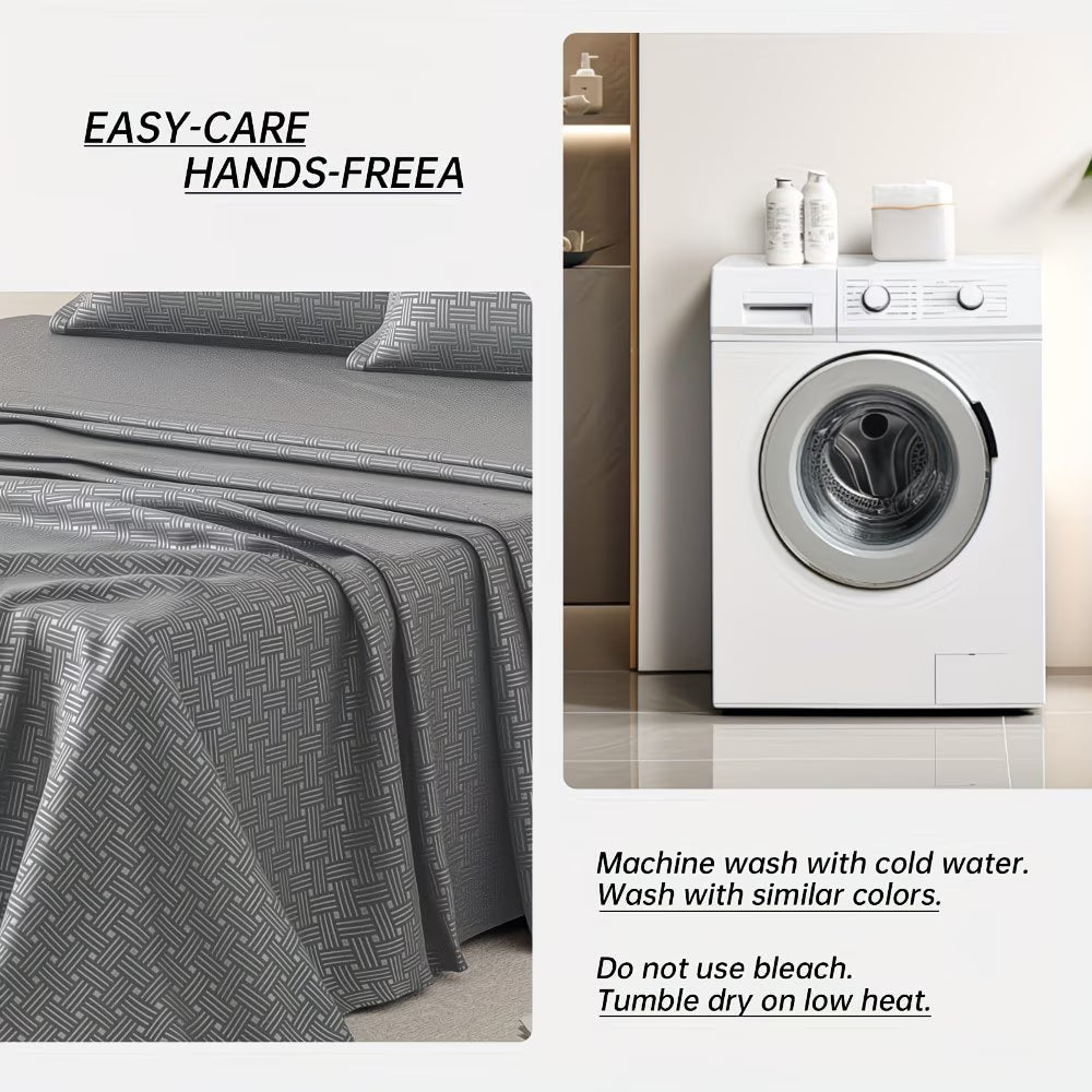 Gray bedding set on a bed with washing machine and laundry products in the background.