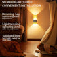 Light bulb wall fixture in a room with a dog and person, highlighting features like no wiring required and dimming key.