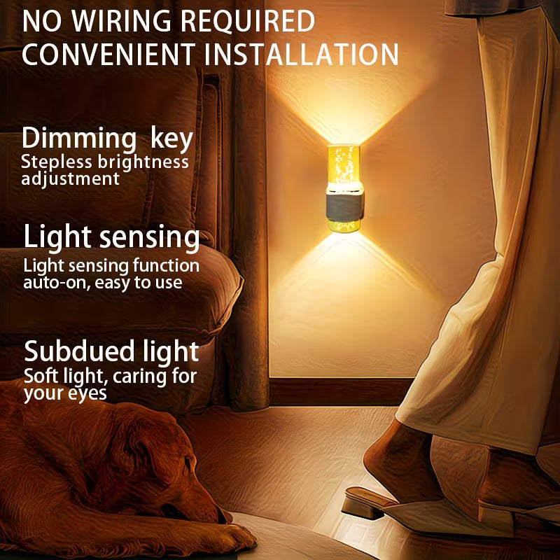 Light bulb wall fixture in a room with a dog and person, highlighting features like no wiring required and dimming key.
