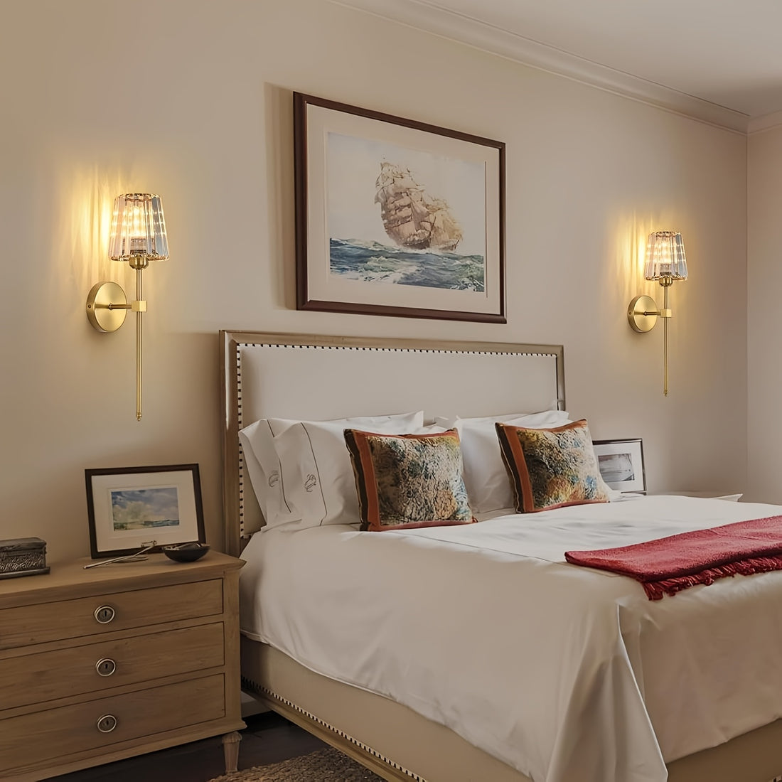 Neatly made bed with decorative pillows in a bedroom setting.