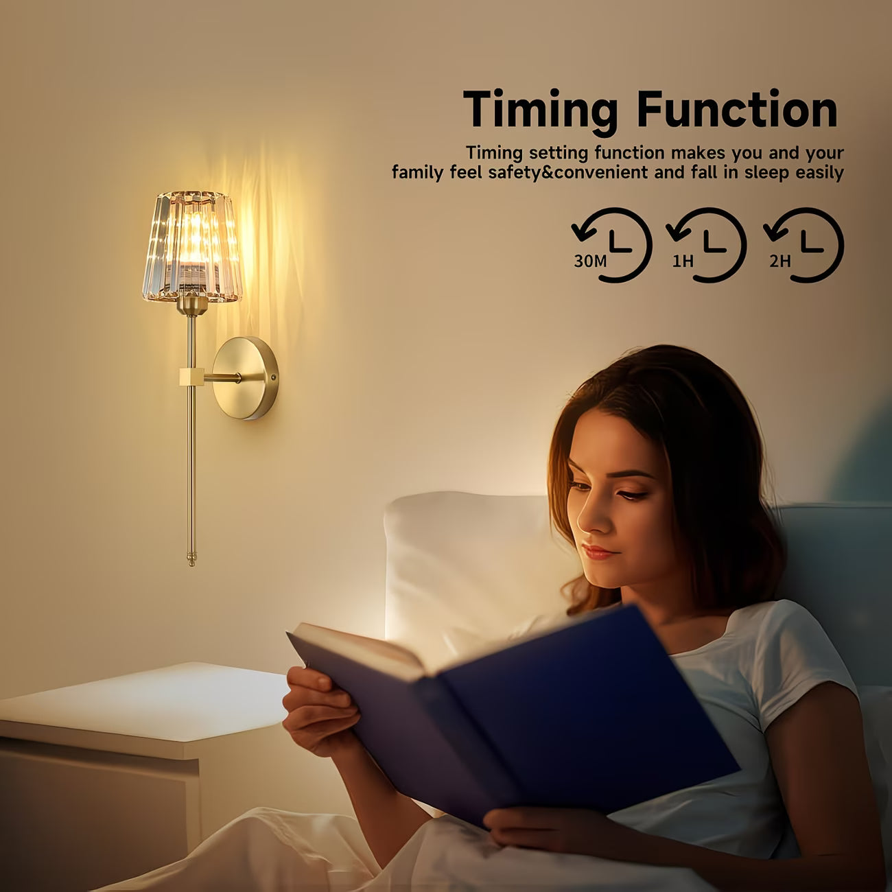 Woman reading a book in bed with a night light on the wall, highlighting timing function features.