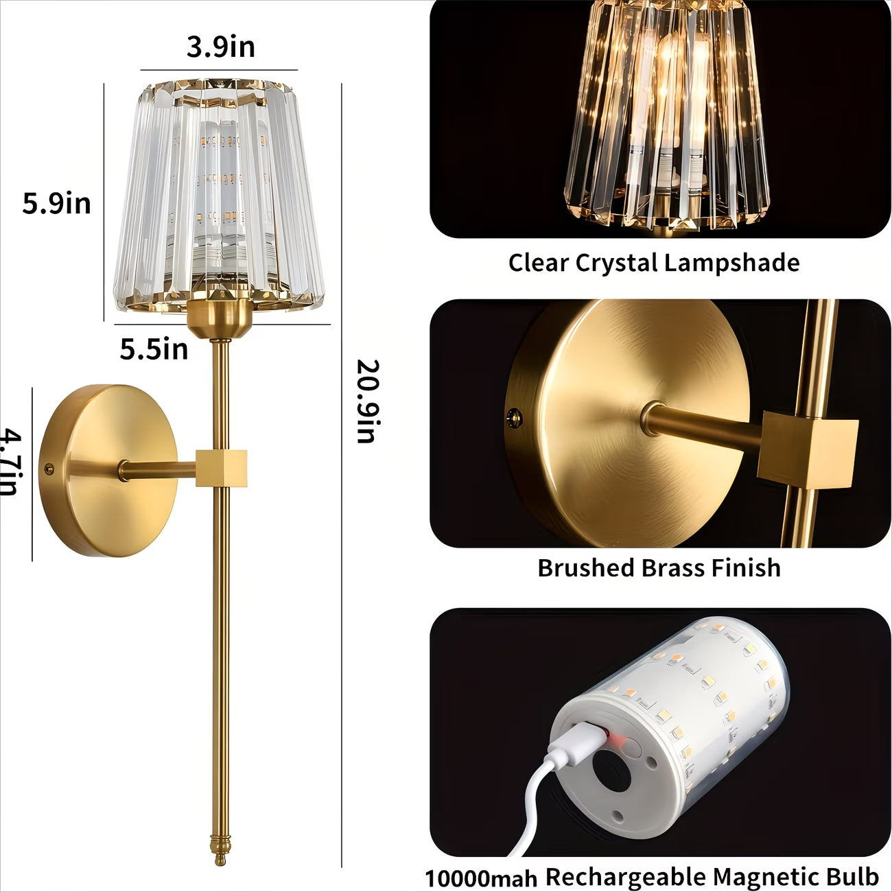 Wall-mounted light fixture with clear crystal lampshade, brushed brass finish, and 10000mAh rechargeable magnetic bulb.