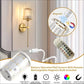 Battery operated wall sconce with remote control and rechargeable magnetic bulb on a neutral background.