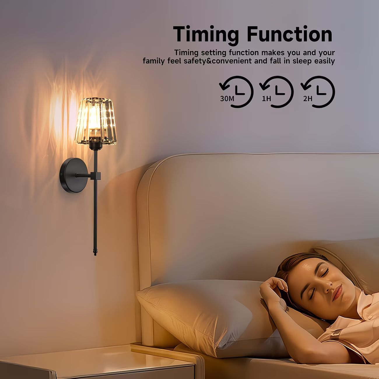Woman lying in bed with a wall-mounted lamp and text about timing function on the wall.