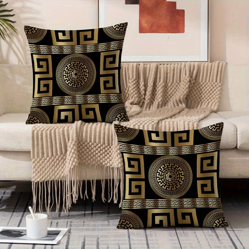 Decorative pillows with geometric patterns on a couch in a living room setting.