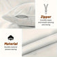 Textured fabric with zipper feature and durable material description on a white background