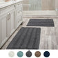 Two gray bath mats on a bathroom floor with color swatches below.