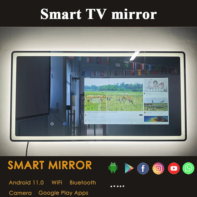 Smart TV mirror displaying a scenic view with technology icons at the bottom.
