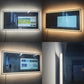 Collage of a rectangular light fixture with screen on a wall, showing different angles and lighting conditions.