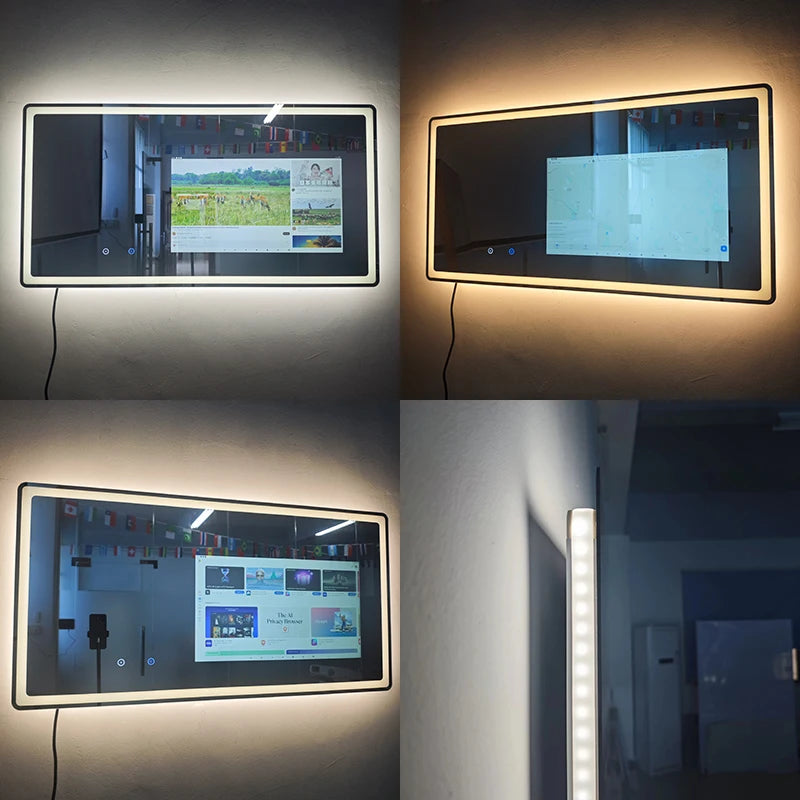 Collage of a rectangular light fixture with screen on a wall, showing different angles and lighting conditions.