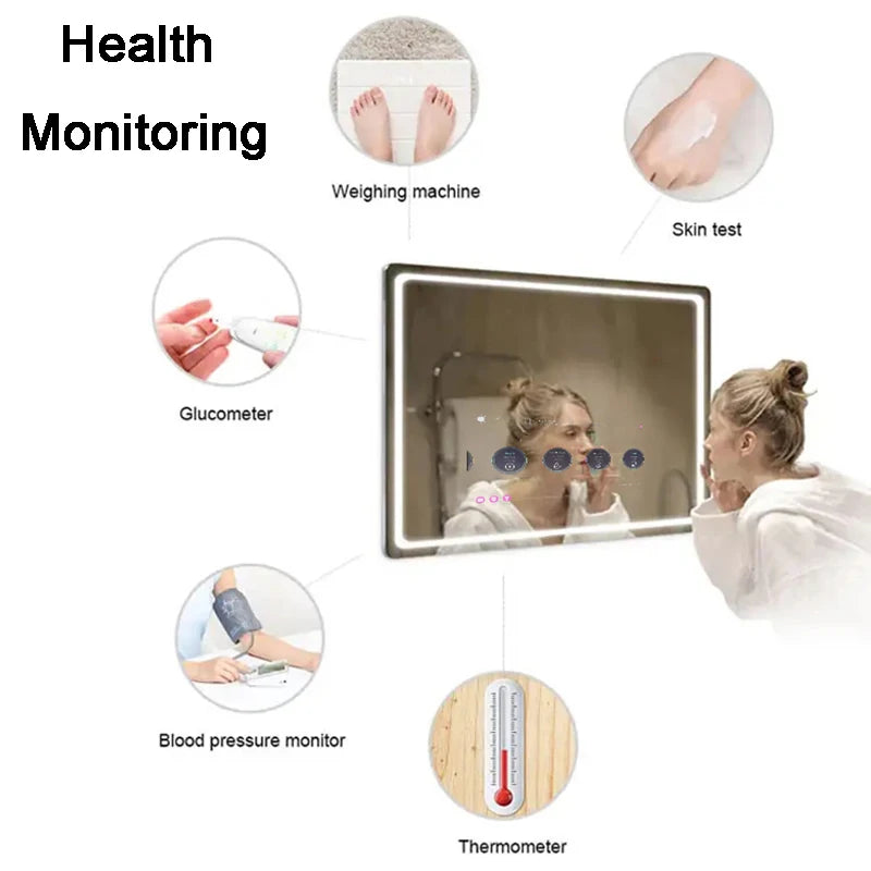 Smart mirror with health monitoring features including weight machine, skin test, glucometer, blood pressure monitor, and thermometer.