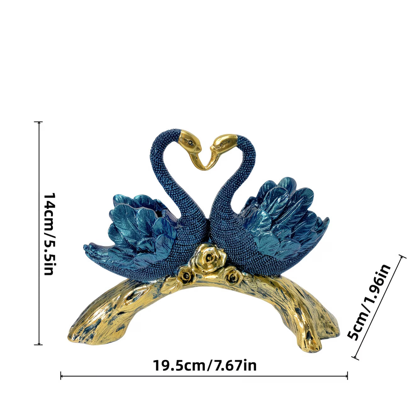Decorative sculpture of two swans on a branch with measurements indicated.
