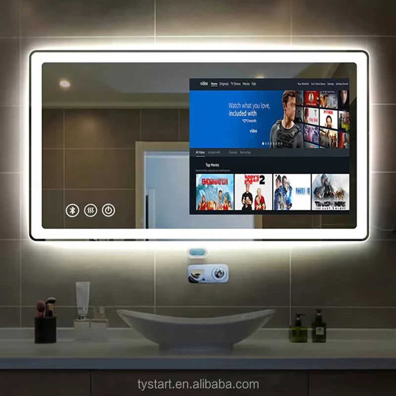 Bathroom mirror with a built-in TV displaying a streaming platform interface.