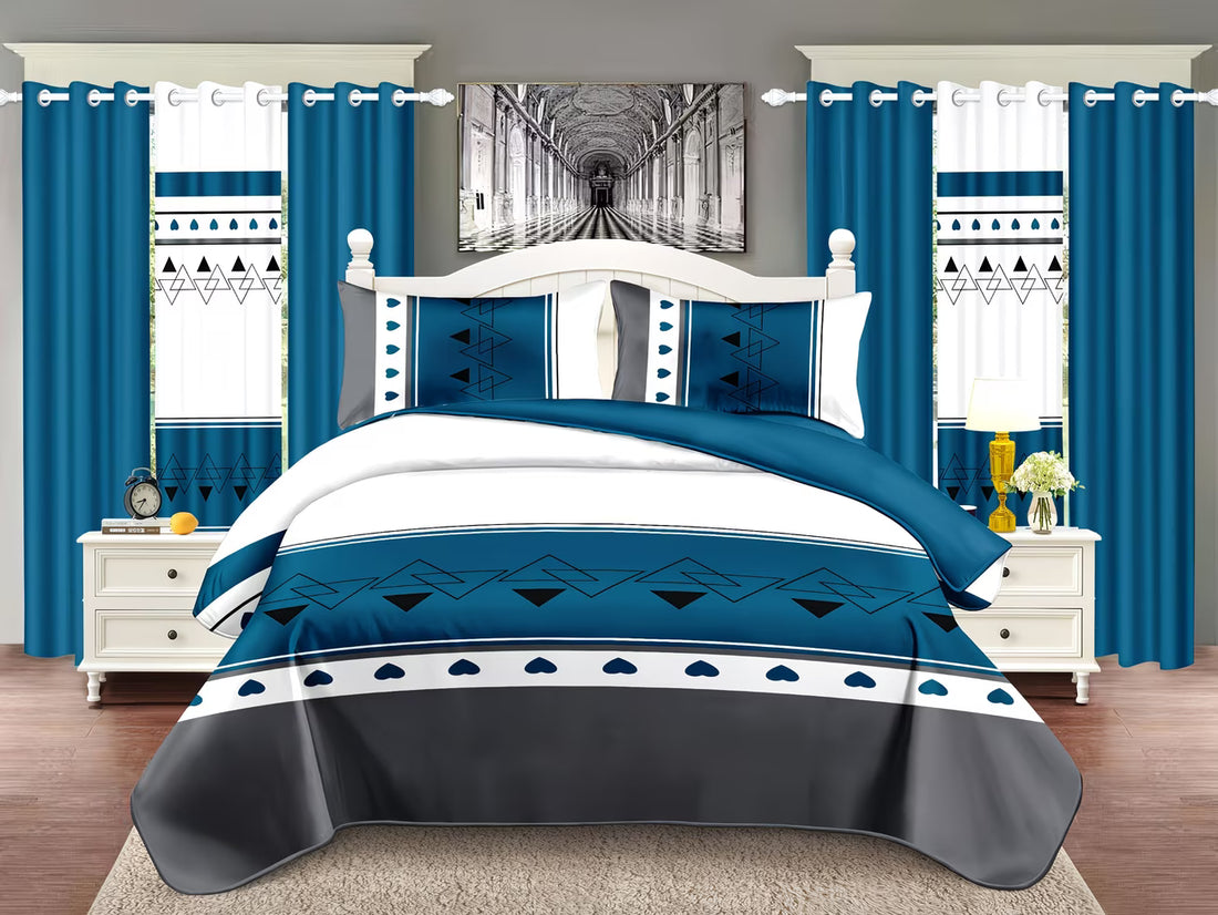 Bedroom with blue and white bedding set, curtains, and nightstands.