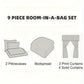 Diagram of a 9-piece room-in-a-bag set with pillowcases, bedspread, and curtains.