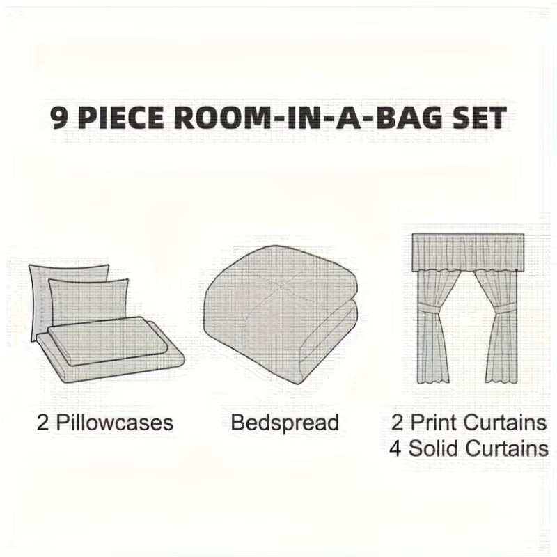 Diagram of a 9-piece room-in-a-bag set with pillowcases, bedspread, and curtains.