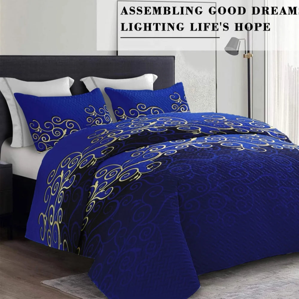 Blue patterned comforter set on a bed with pillows, featuring text 'Assembling Good Dream, Lighting Life's Hope'.