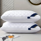 Two white pillows with blue and gold straps on a bed with a magazine and glass of water.