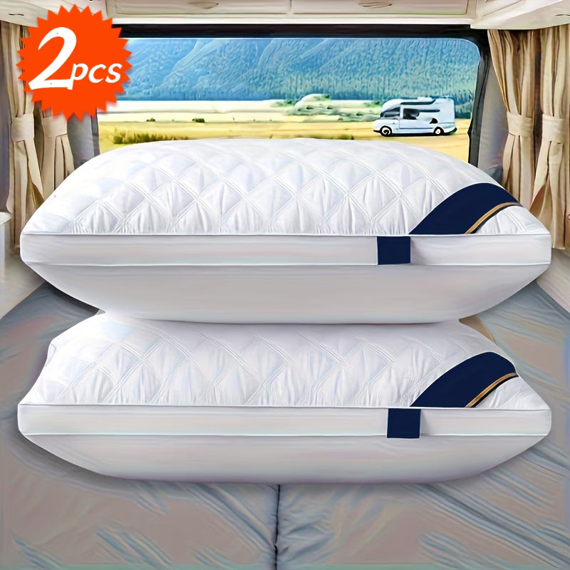 Two white pillows with a blue strap on a reflective surface, with a scenic background of mountains and a van.