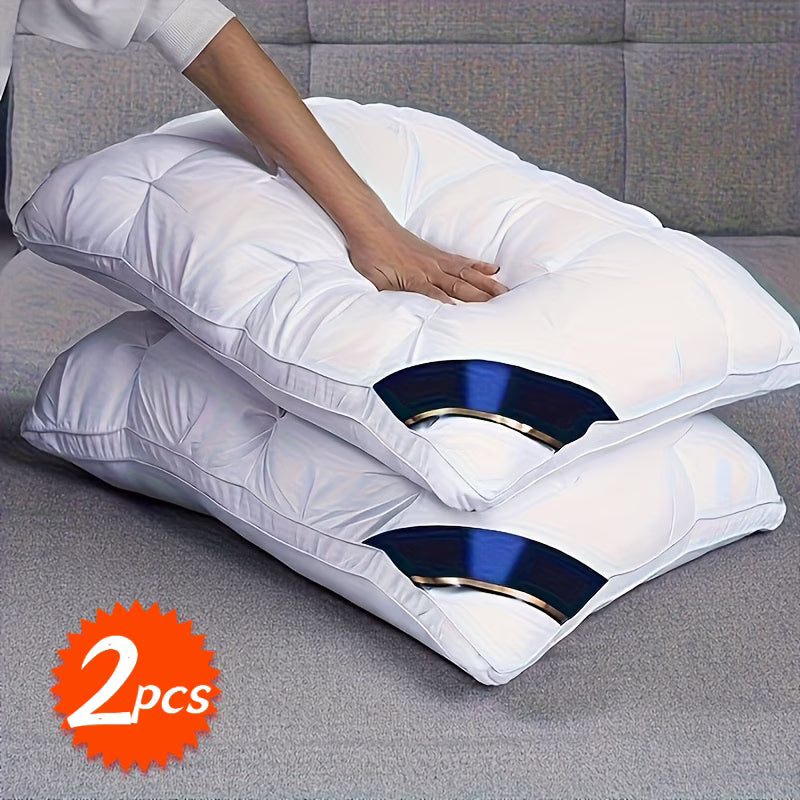 Two white pillows with blue accents on a gray couch, labeled as 2 pieces.