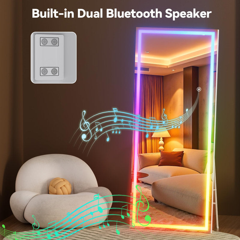 Smart mirror with built-in dual Bluetooth speaker in a room setting