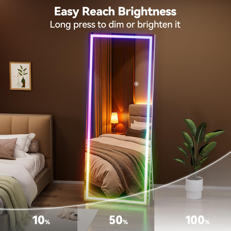 Smart mirror with LED lighting control in a bedroom setting
