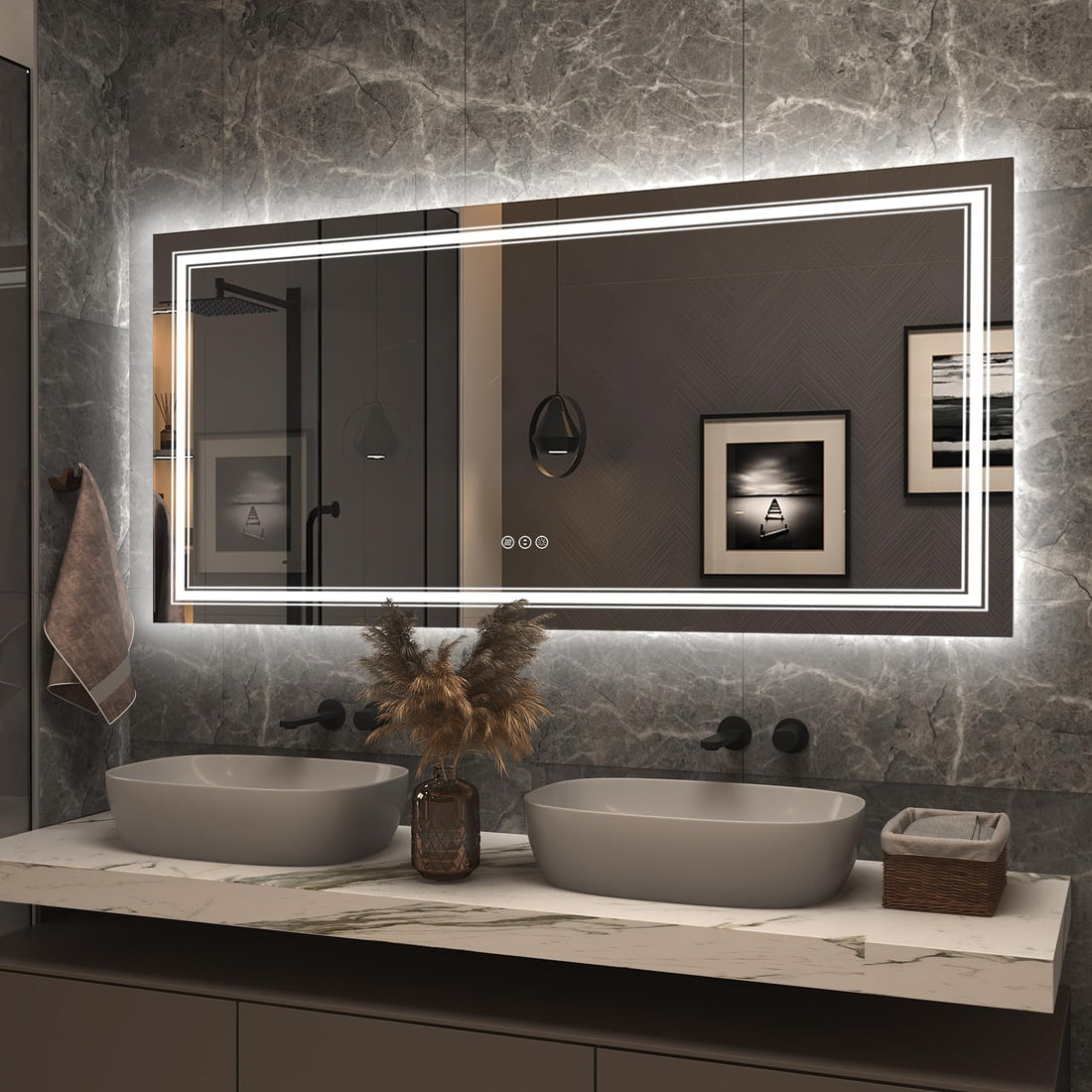 Bathroom vanity with double sink, decorative elements, and a large illuminated mirror.