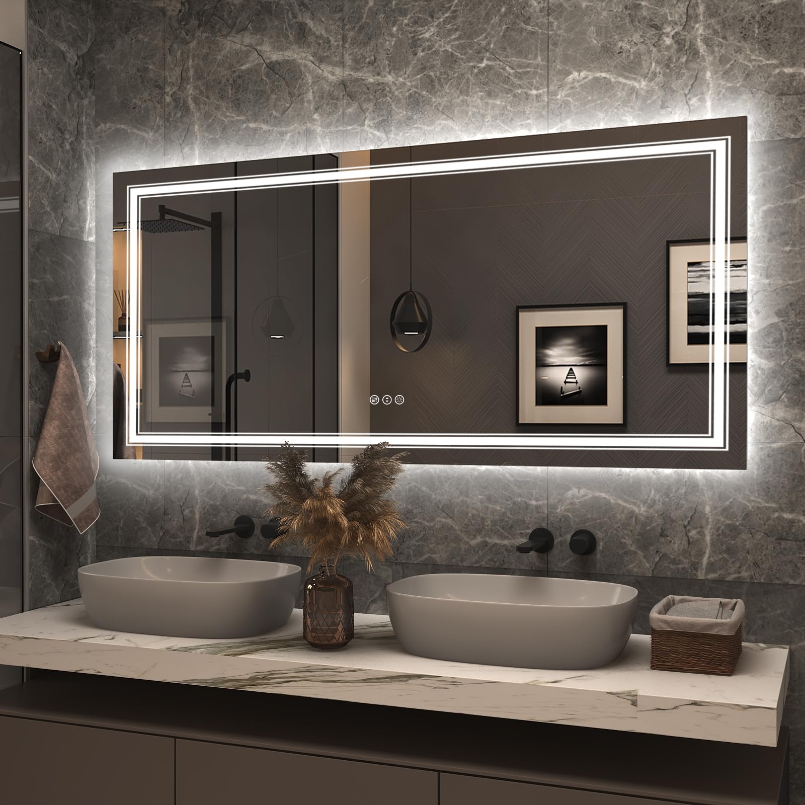 Bathroom vanity with double sink, decorative elements, and a large illuminated mirror.