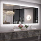 Bathroom vanity with large illuminated mirror, sinks, and decorative elements.