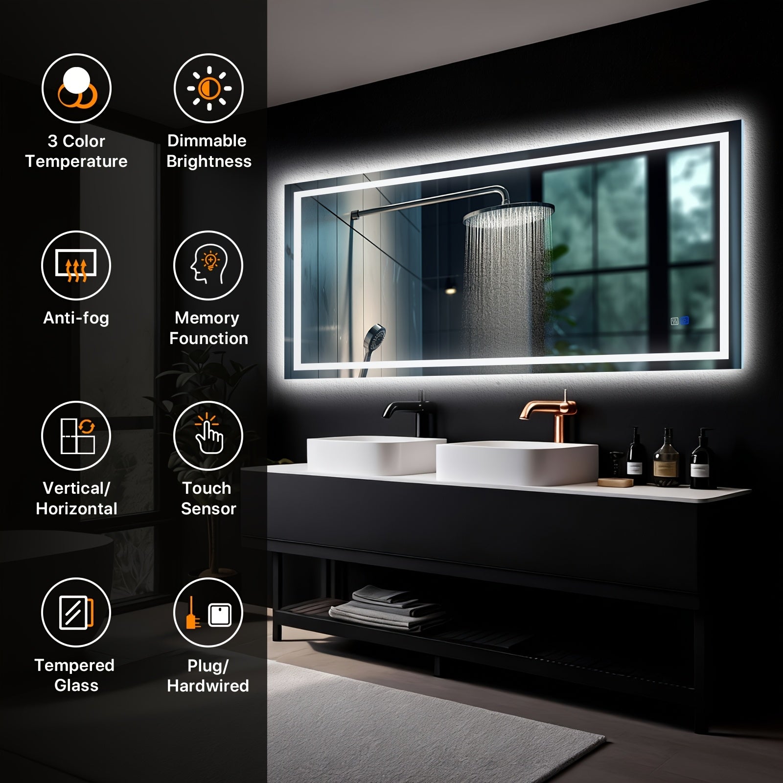 Bathroom vanity with a large illuminated mirror featuring various functionalities.